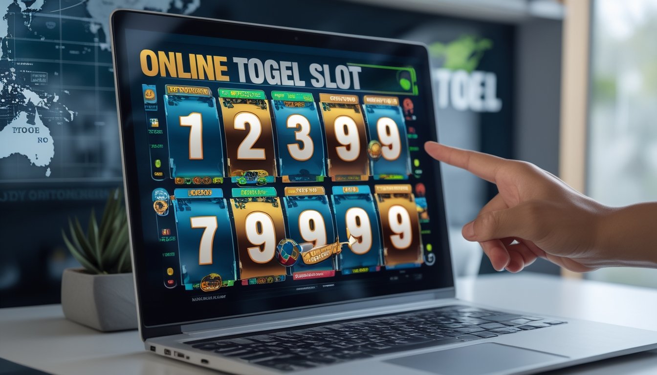 Seorang pengguna berinteraksi dengan laptop yang menampilkan permainan slot dan angka togel, dengan latar belakang motif budaya Indonesia.