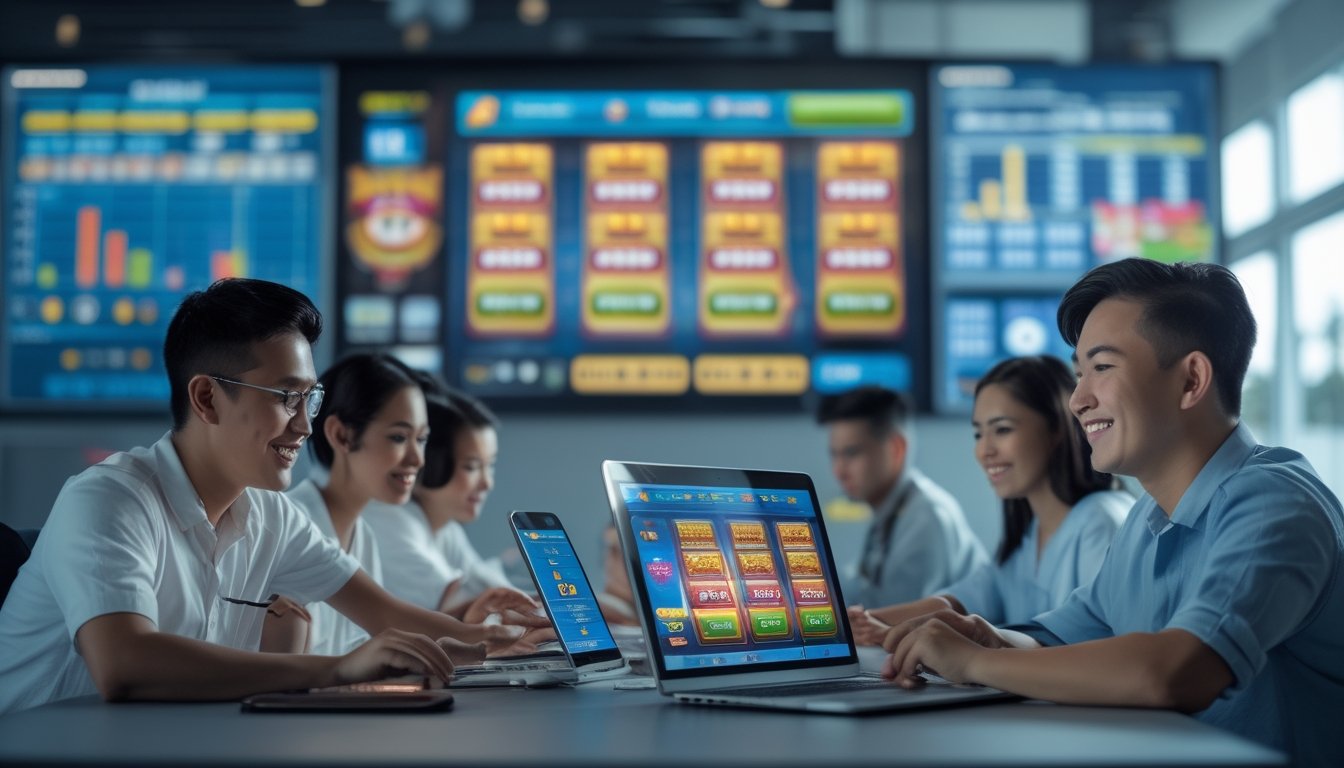 Sekelompok orang muda Indonesia menggunakan ponsel dan laptop untuk bermain permainan slot dan togel online di ruang kerja modern.