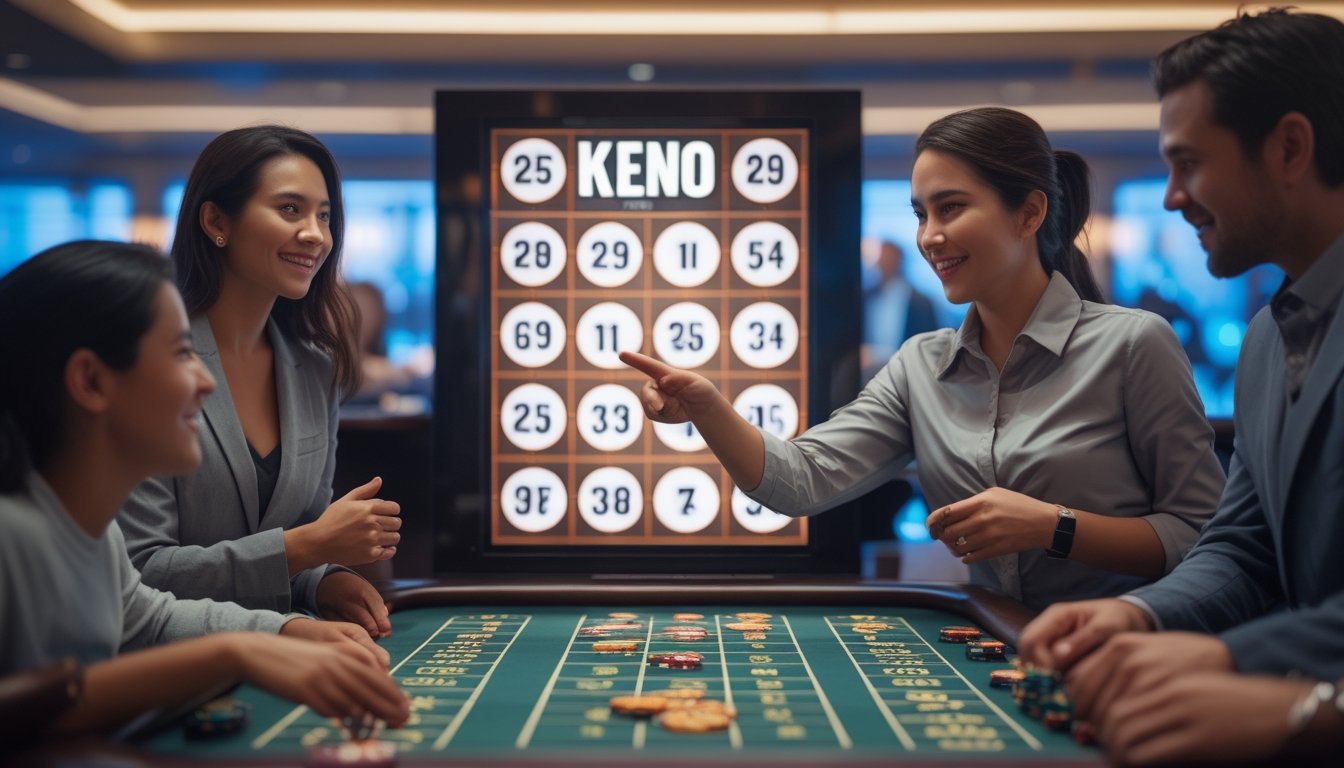 Seorang dealer sedang menjelaskan pola angka pada papan Keno kepada pemain pemula di meja kasino yang terang dan ramai.