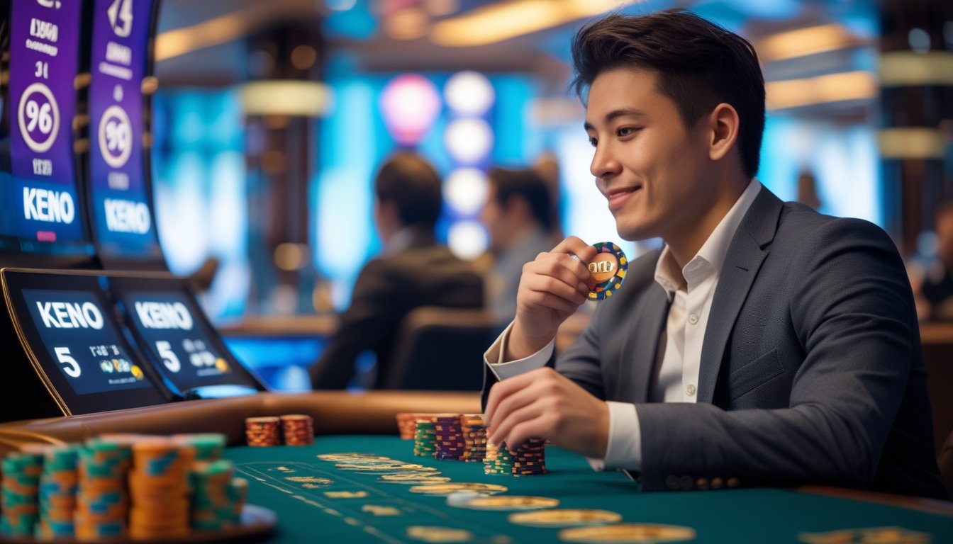 Seorang pemain fokus bermain Keno langsung di meja kasino dengan chip dan papan angka di depan.