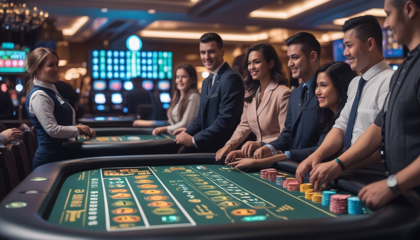Suasana kasino dengan meja Keno live dan pemain yang sedang bermain dengan dealer yang ramah.