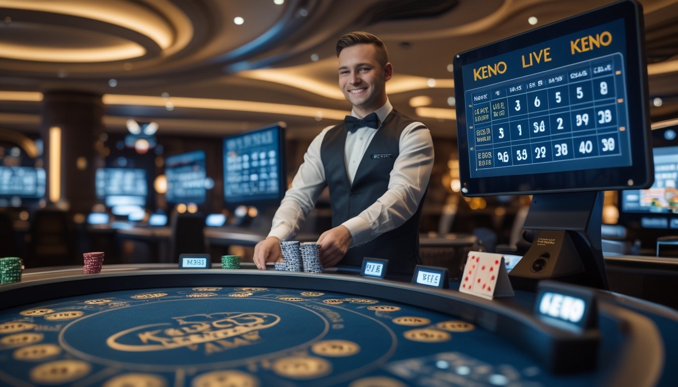 Seorang dealer kasino profesional sedang memandu permainan Keno secara langsung dengan layar digital dan peralatan kasino di sekitarnya.