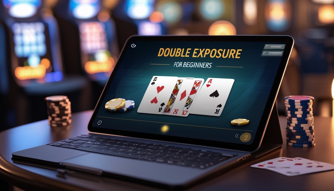 Tampilan meja blackjack digital dengan dua kartu yang tumpang tindih di layar komputer, dikelilingi oleh chip poker dan kartu remi di suasana kasino online.