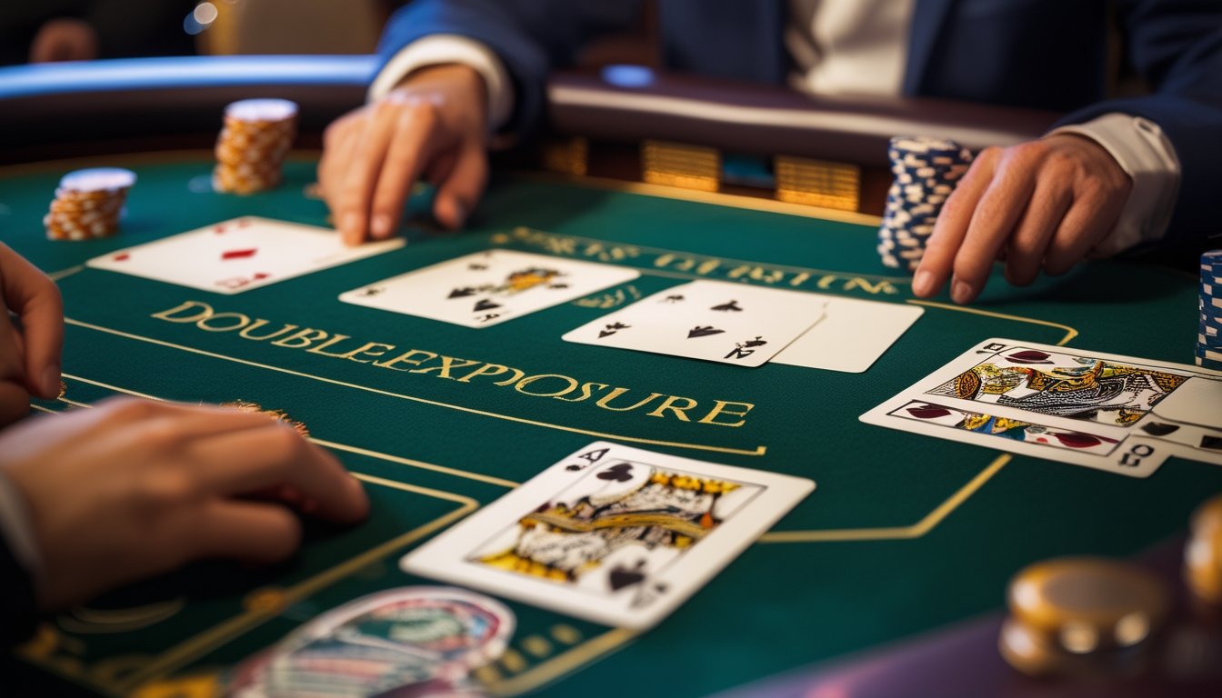 Meja permainan kasino dengan kartu Double Exposure Blackjack yang terbuka dan tumpukan chip di sampingnya.