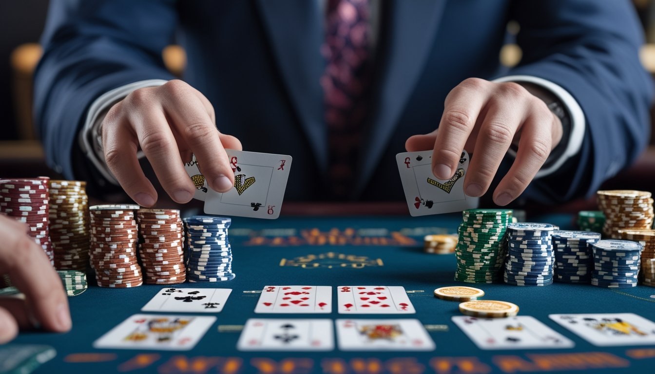 Tangan pemain memegang kartu blackjack di meja kasino dengan tumpukan chip dan dealer di latar belakang.