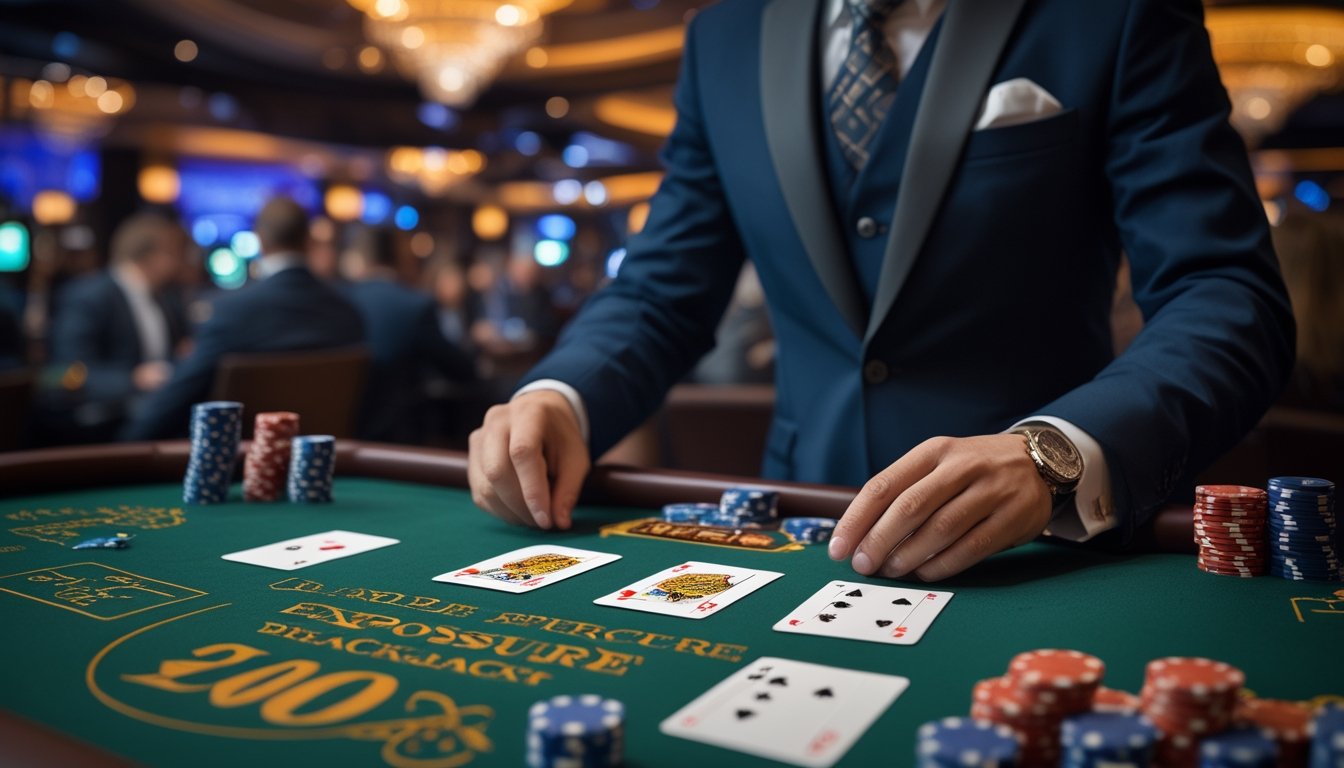Seorang dealer berjubah rapi sedang membagikan kartu terbuka di meja blackjack hijau dengan tumpukan chip dan pemain yang fokus di latar belakang.