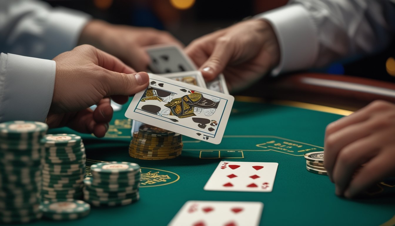 Tangan pemain yang sedang memegang kartu blackjack di meja kasino dengan tumpukan chip di dekatnya.