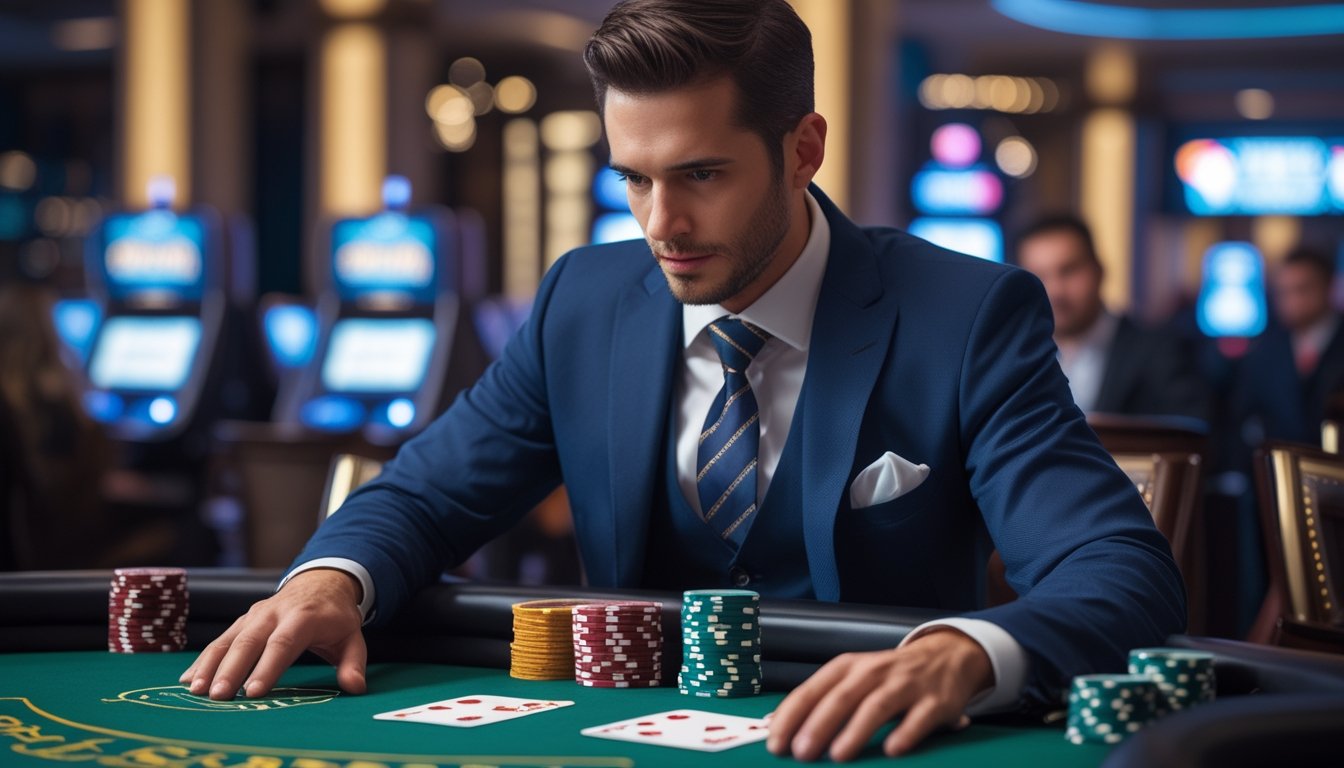 Seorang pemain profesional sedang fokus bermain Double Exposure Blackjack di meja kasino dengan kartu dealer terbuka dan tumpukan chip di depan.