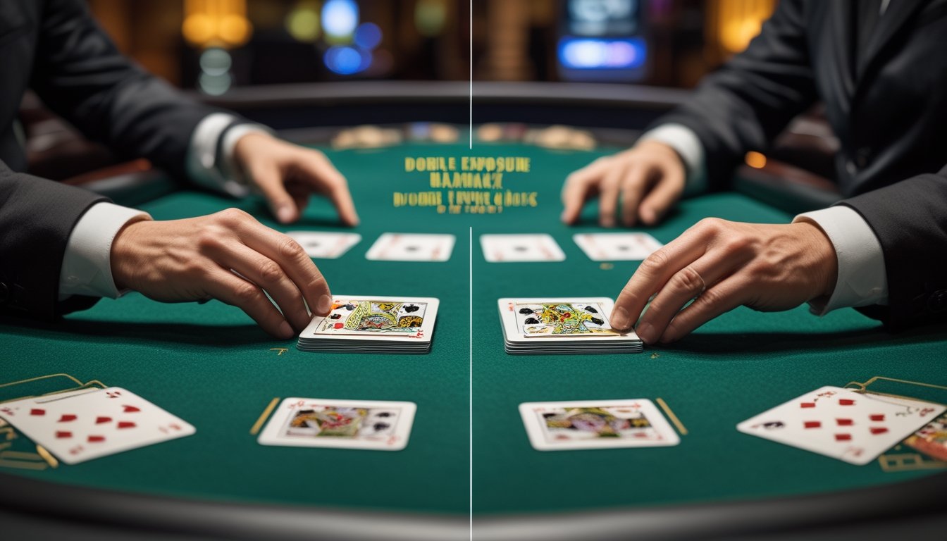 Dua meja blackjack di kasino, satu dengan efek tumpang tindih kartu dan satu dengan kartu biasa.