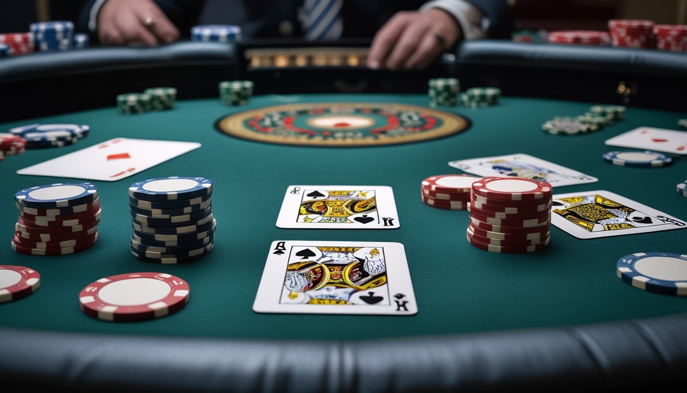 Meja kasino dengan dua bagian, satu menampilkan permainan Blackjack biasa dan satu lagi menampilkan Double Exposure Blackjack dengan kartu yang tumpang tindih.