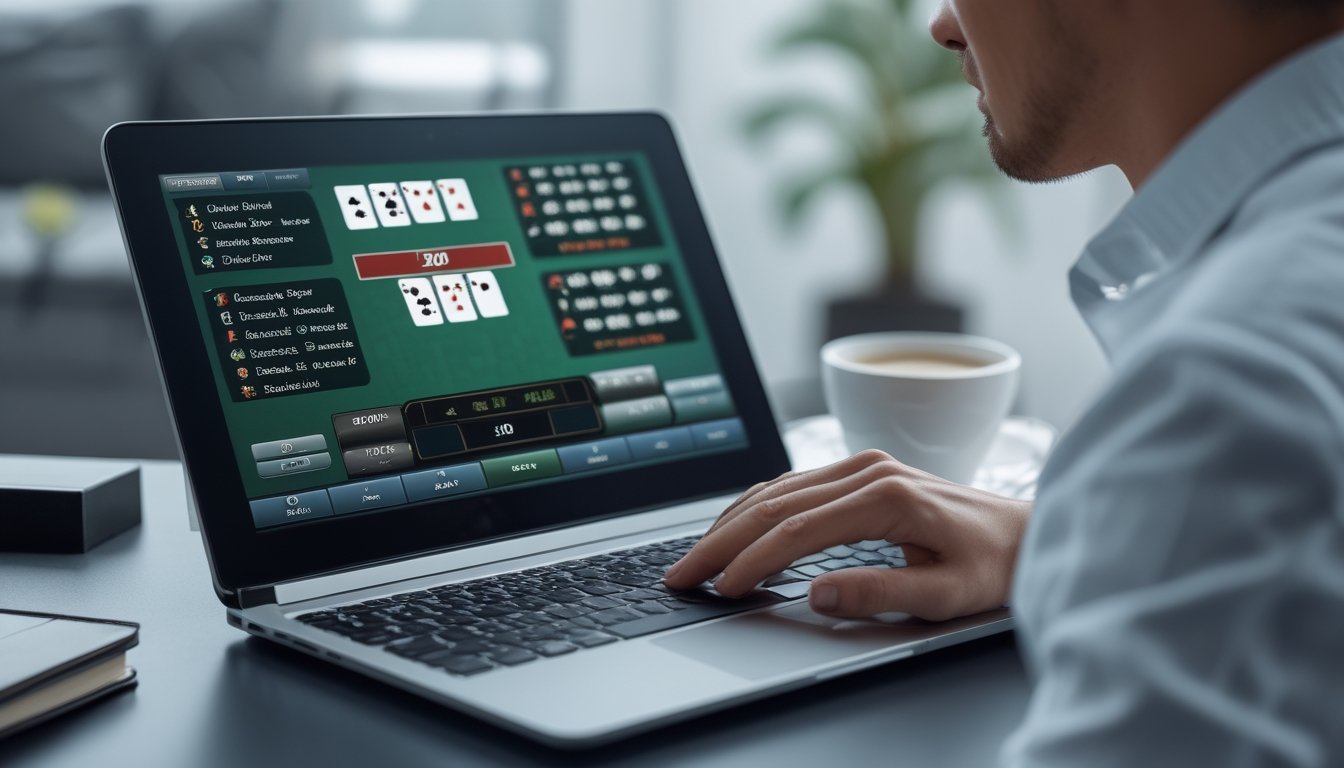 Seorang pemain dewasa sedang fokus bermain blackjack online di depan laptop dengan kartu dan chip terlihat di layar.
