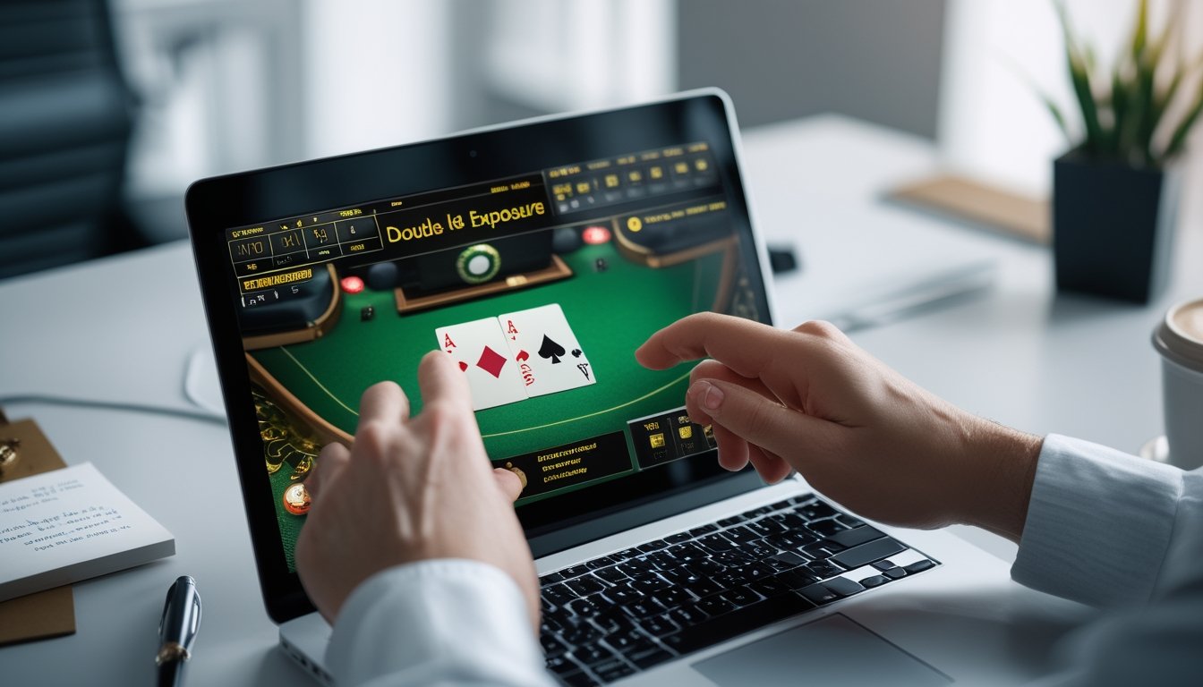 Seseorang bermain blackjack online dengan kartu terbuka di layar komputer, tangan sedang berinteraksi dengan perangkat di ruang kerja yang rapi.