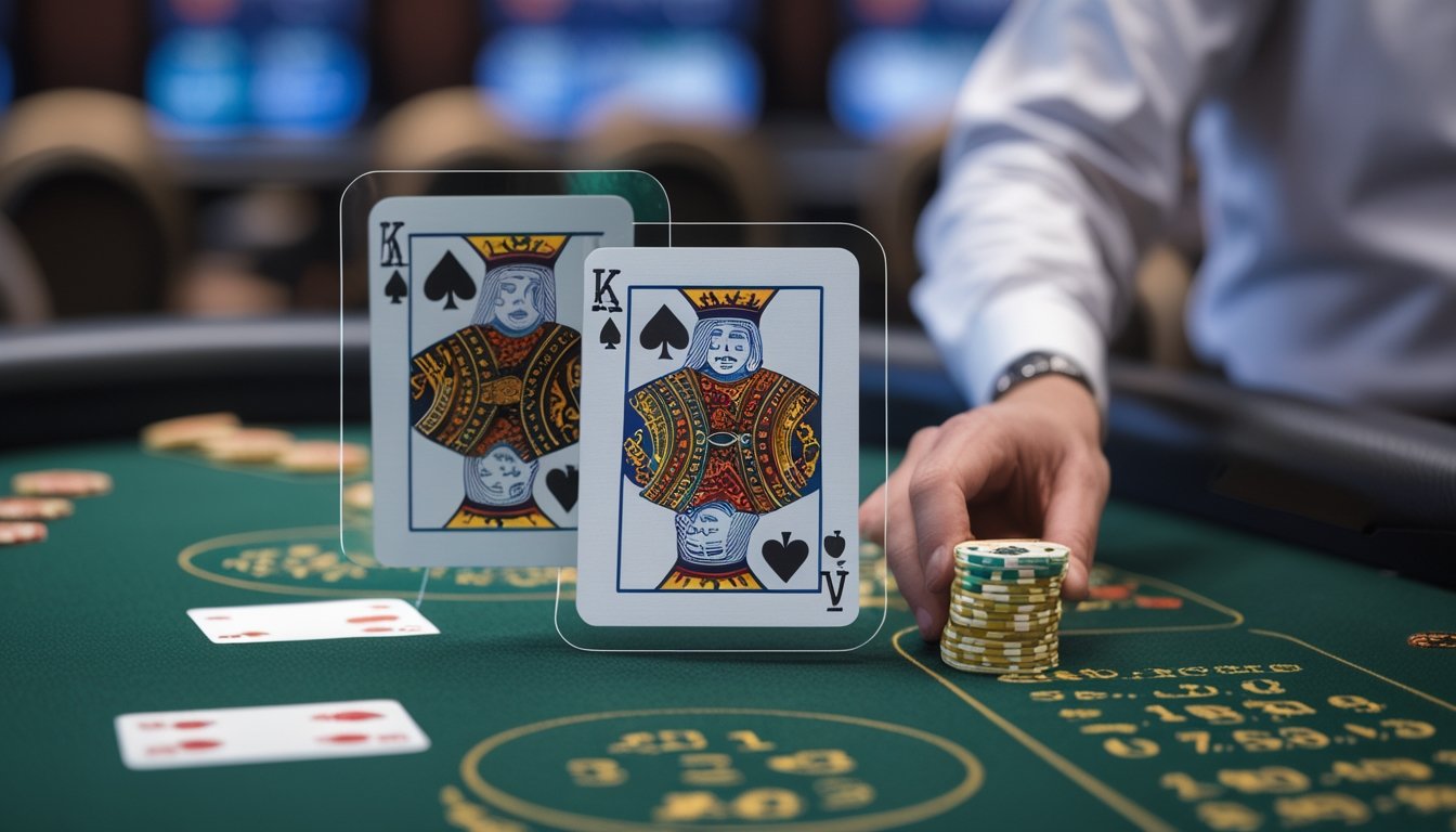 Meja blackjack kasino dengan kartu dan chip, menampilkan dua gambar kartu yang tumpang tindih dan tangan dealer meletakkan chip, serta elemen grafik probabilitas di latar belakang.