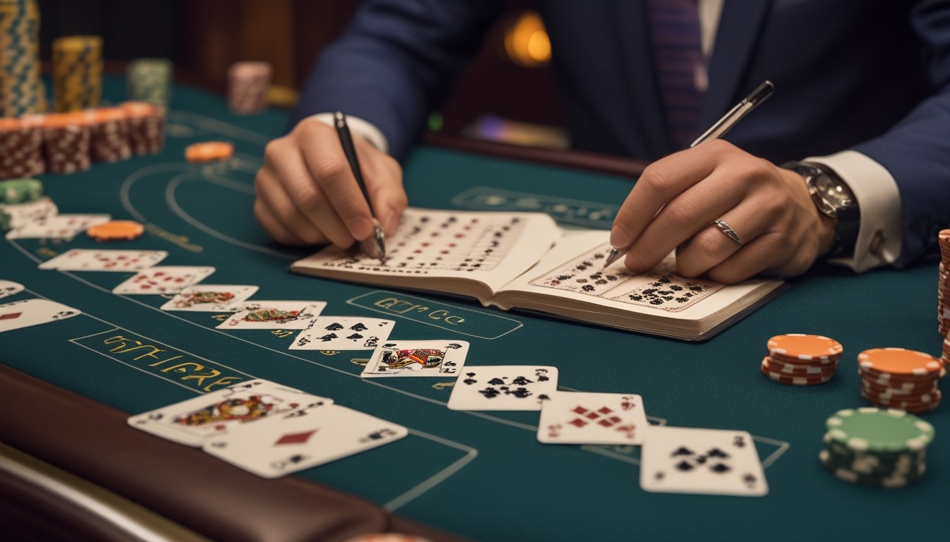 Seorang pemain menghitung peluang kemenangan di meja permainan Double Exposure Blackjack di kasino.