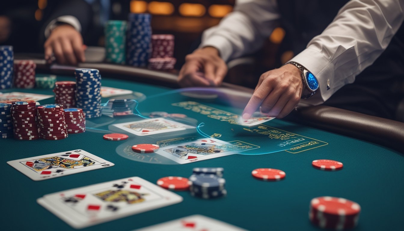 Meja blackjack kasino dengan kartu dan chip, tangan dealer sedang membagikan kartu, dan pemain yang sedang memperhatikan kartu.