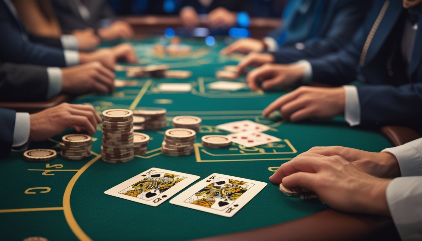 Suasana meja blackjack dengan dua kartu dealer terbuka, tumpukan chip taruhan, dan pemain yang fokus bermain di kasino.
