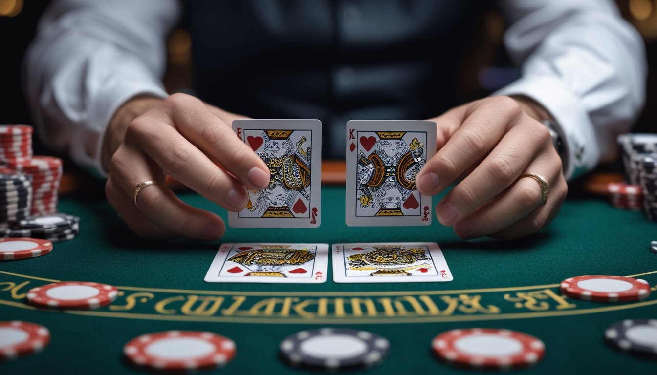 Tangan dealer sedang mengatur kartu di meja blackjack dengan efek tumpang tindih dua gambar kartu.