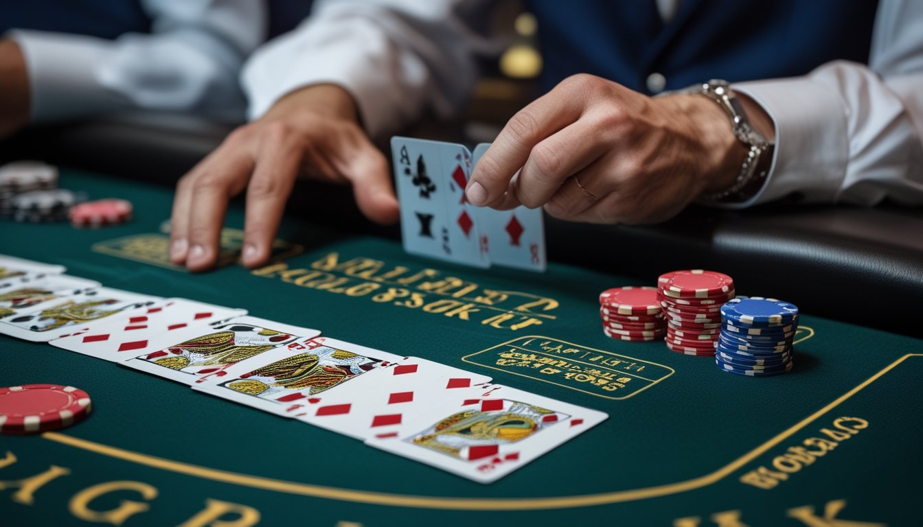 Seorang pemain sedang memperhatikan kartu dealer terbuka di meja blackjack dengan chip dan kartu di sekitar.