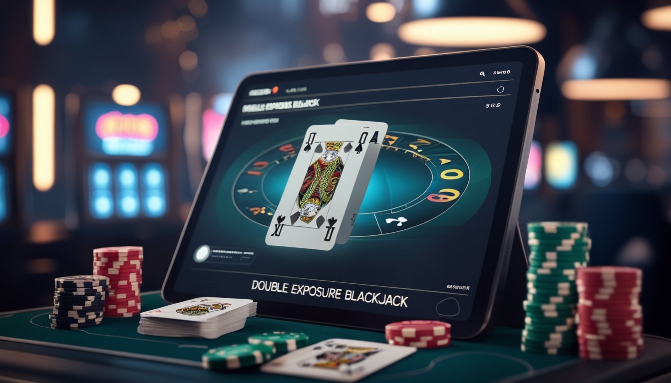 Sebuah meja blackjack digital dengan kartu transparan ganda di layar komputer di lingkungan kasino online modern.