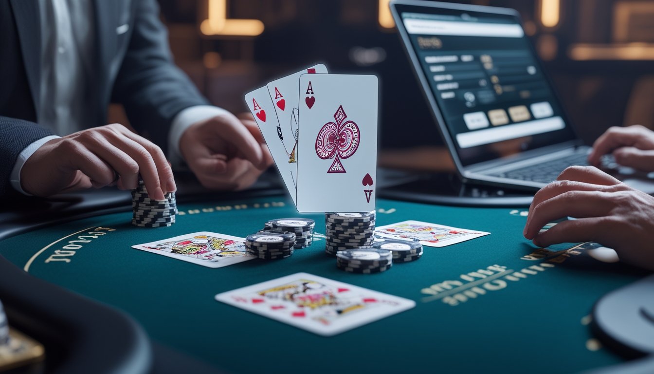 Meja blackjack digital dengan dua kartu transparan tumpang tindih dan tangan pemain yang berinteraksi di kasino online modern.