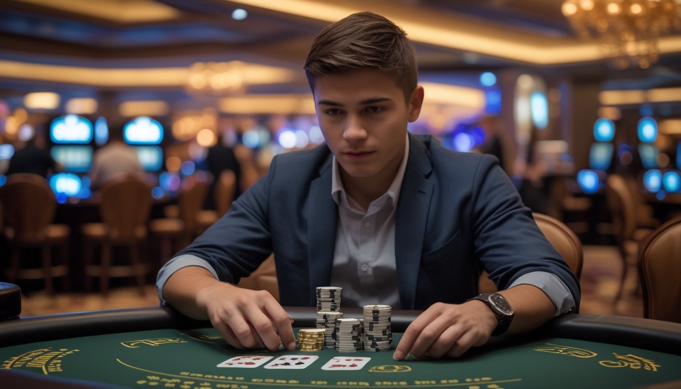Seorang pria muda fokus bermain blackjack dengan tumpukan chip kecil di meja kasino yang ramai.