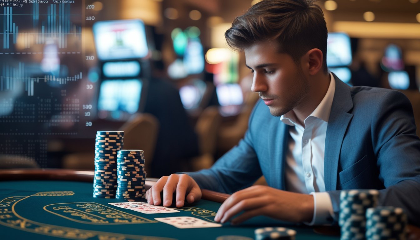 Seorang pria muda duduk di meja blackjack di kasino, fokus memikirkan strategi dengan kartu dan chip di depannya.