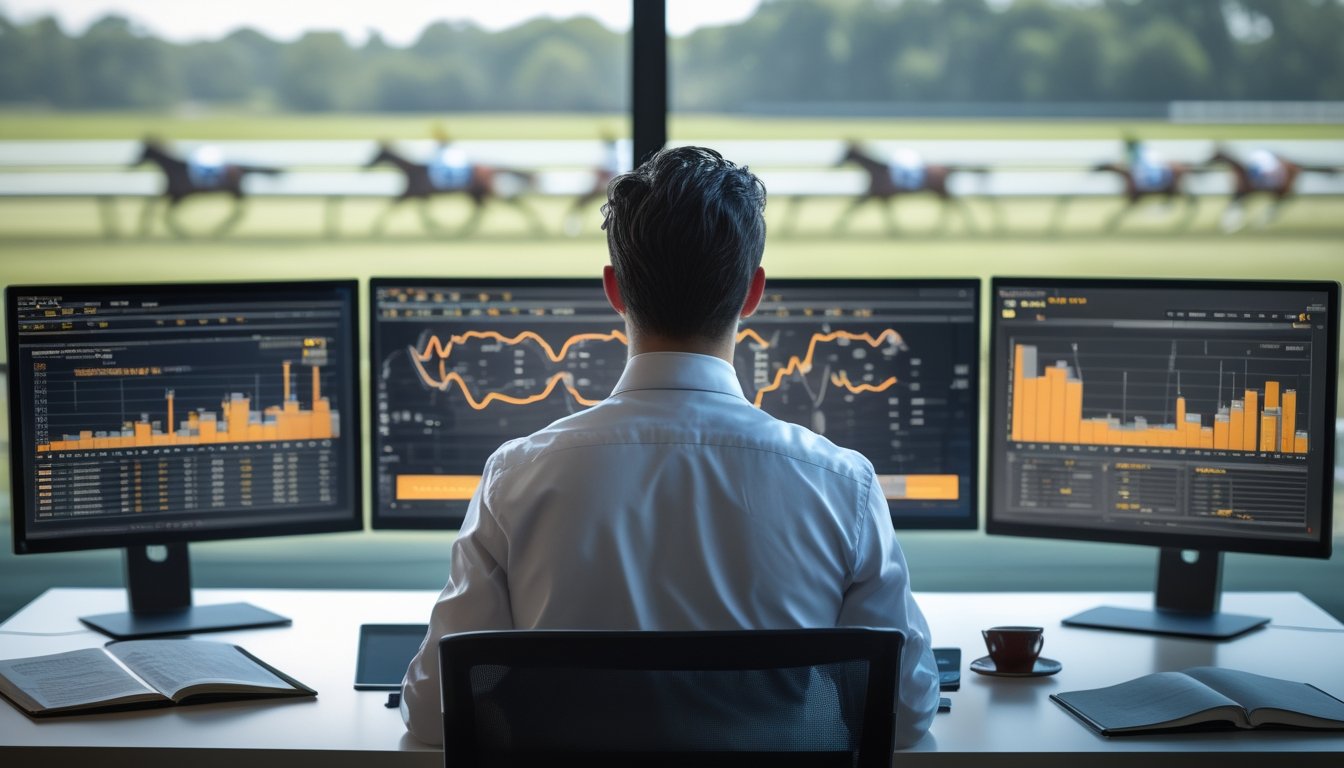 Seorang analis pacuan kuda sedang bekerja dengan layar komputer menampilkan data performa kuda dan latar belakang lintasan pacuan kuda dengan kuda yang sedang berlomba.