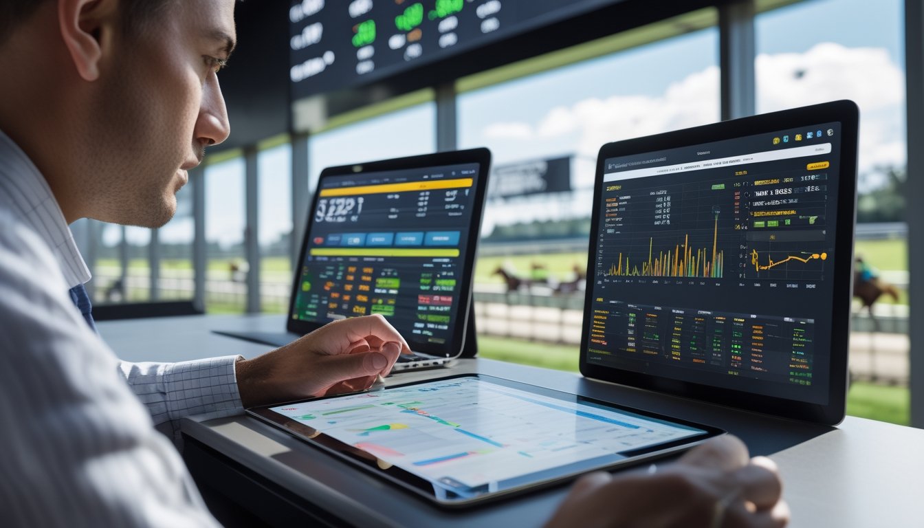Seseorang sedang melihat data statistik pacuan kuda secara real time di depan layar digital dengan latar belakang kuda sedang berlomba di lintasan.