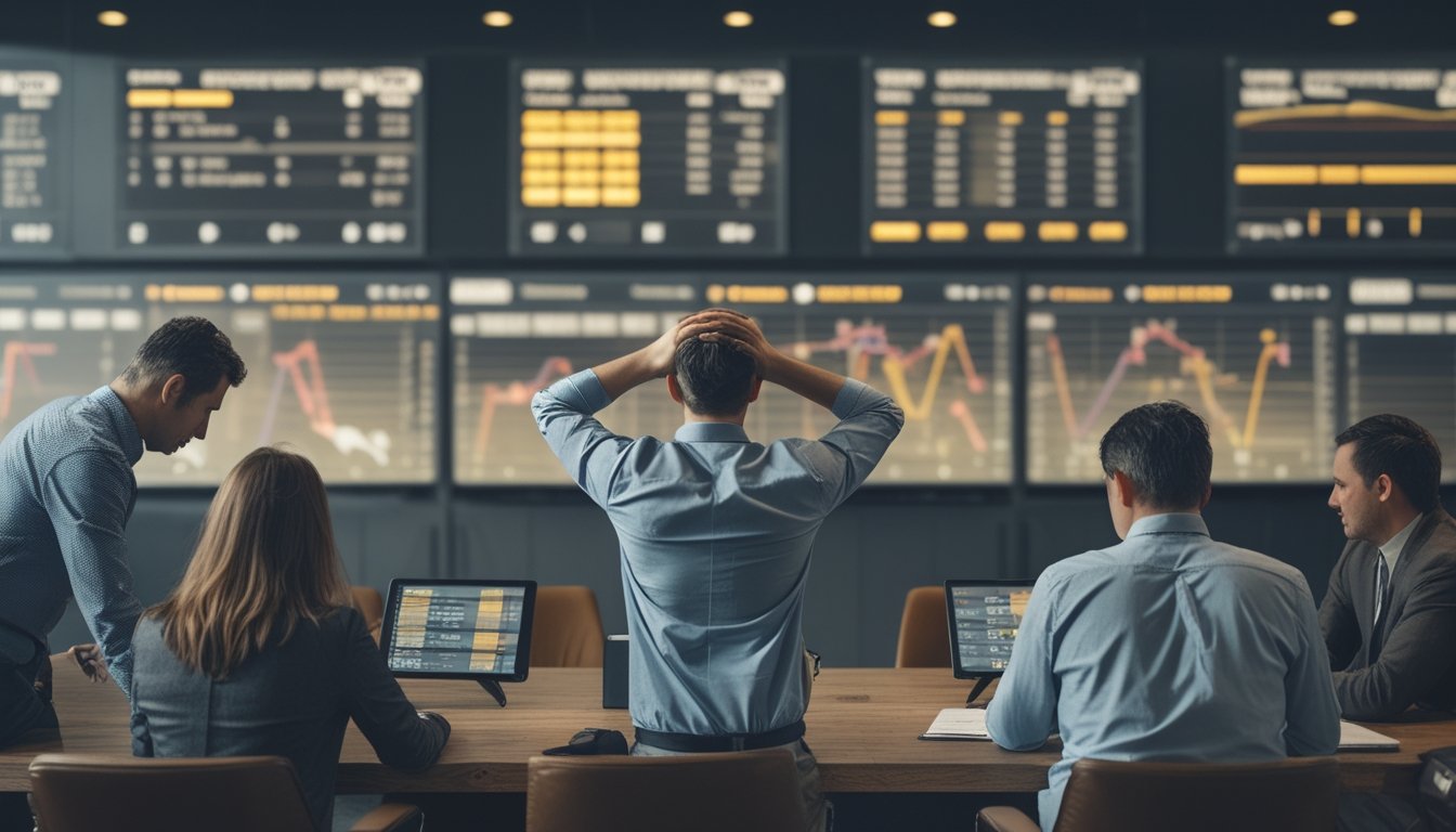 Sekelompok orang dewasa sedang menonton pacuan kuda di layar besar dengan ekspresi tegang dan fokus, beberapa terlihat frustrasi dan memeriksa data.