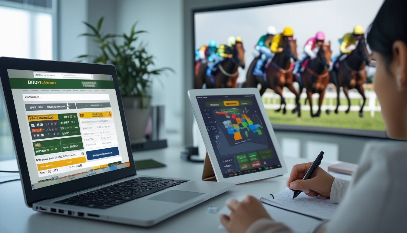 Seseorang sedang menggunakan laptop dan tablet untuk melihat taruhan pacuan kuda online dengan layar besar menampilkan balapan kuda di latar belakang.