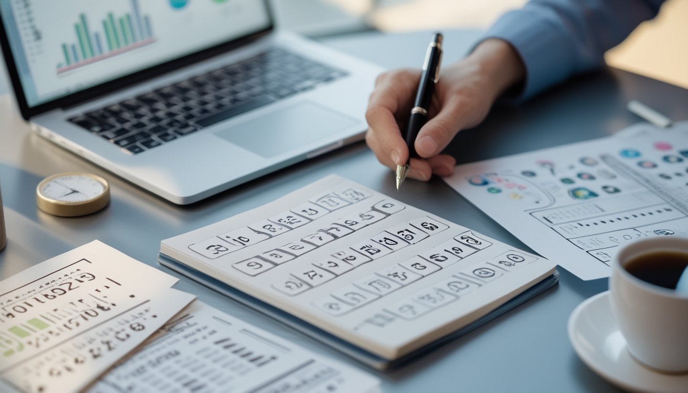 Meja kerja dengan laptop, catatan angka, dan tangan yang memegang pena sedang menganalisis data taruhan togel 4D.