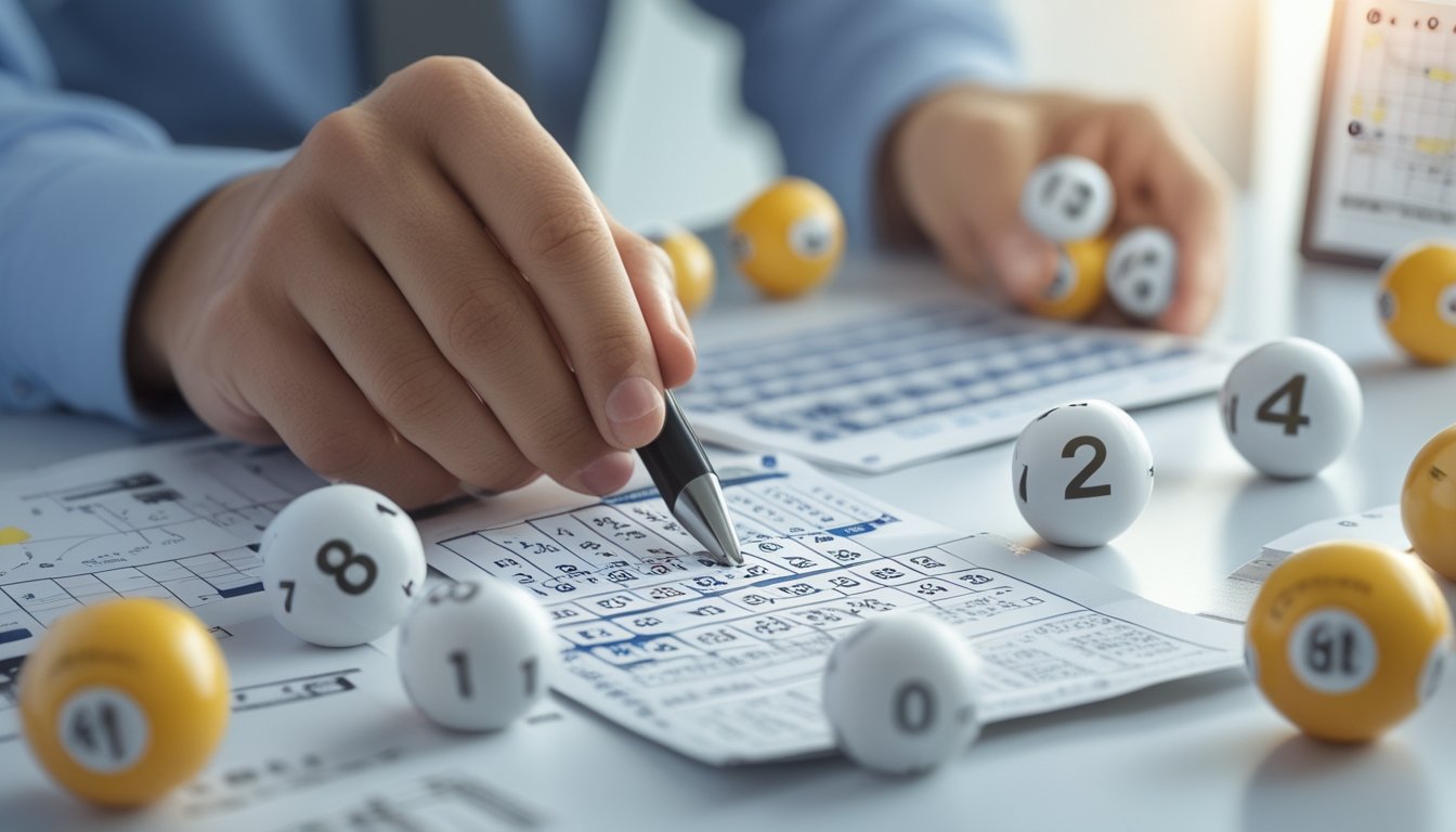 Tangan seseorang sedang menandai angka pada tiket lotere dengan bola bernomor dan grafik di sekitar.
