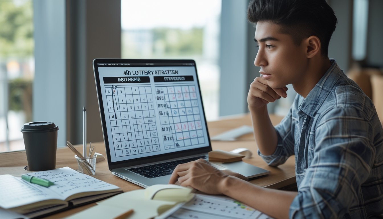 Seorang dewasa muda sedang mempelajari strategi taruhan togel 4D di depan laptop dengan catatan dan kopi di meja kerja.