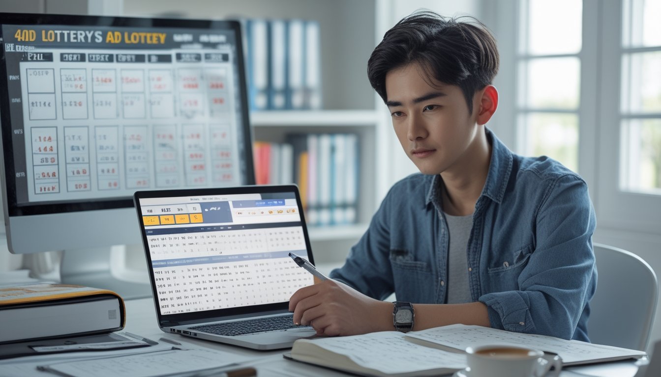 Seorang dewasa muda sedang duduk di meja kerja dengan laptop dan buku catatan, fokus mempelajari pola taruhan togel 4D.
