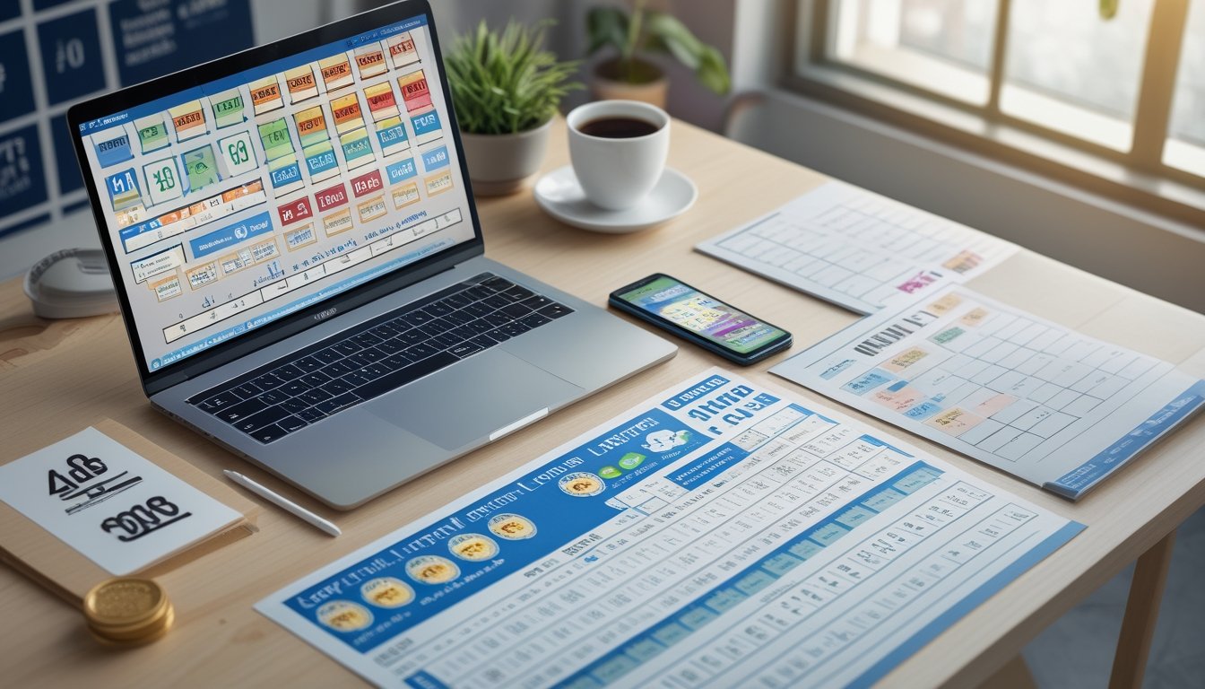 Meja kerja dengan laptop, ponsel, dan lembar taruhan togel yang tertata rapi, menampilkan suasana fokus dan informatif tentang taruhan togel.