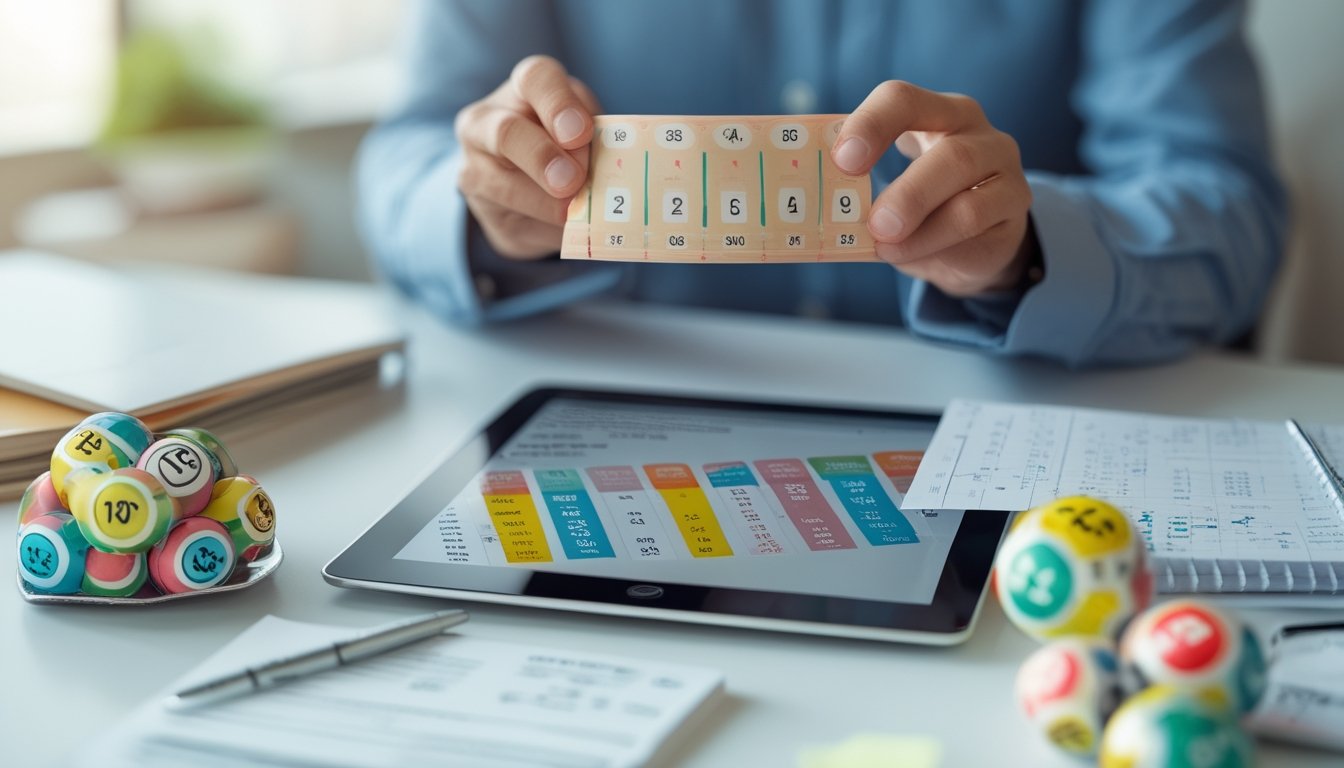 Tangan memegang tiket togel dengan bola togel dan tablet menampilkan hasil togel di atas meja kerja.