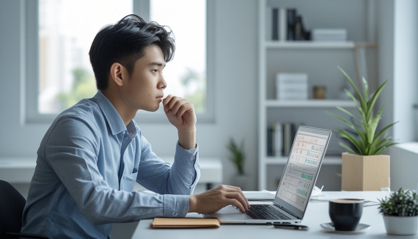 Seorang pria muda duduk di meja kerja dengan laptop dan buku catatan, tampak fokus menganalisis data di ruangan yang terang dan rapi.