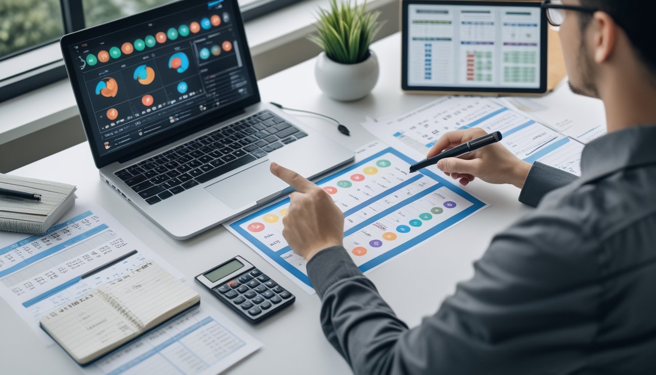 Seorang pria sedang menganalisis data statistik pada layar komputer dan tablet di meja kerja dengan dokumen dan kalkulator.