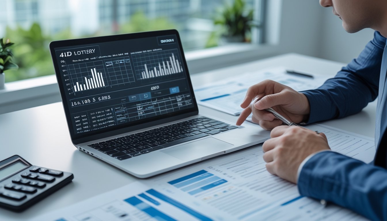 Meja kerja dengan laptop menampilkan grafik dan data statistik, tangan seseorang menunjuk layar dan memegang pena, suasana kantor terang dan rapi.