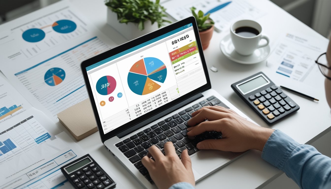 Seseorang sedang menganalisis data statistik togel 4D di depan laptop dengan grafik dan tabel angka di meja kerja.