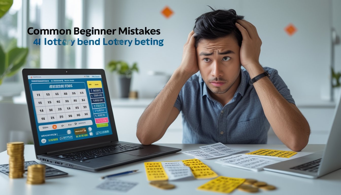 Seorang pria muda duduk di meja dengan tiket togel, buku catatan, dan laptop, tampak bingung dan stres saat melihat hasil taruhan.