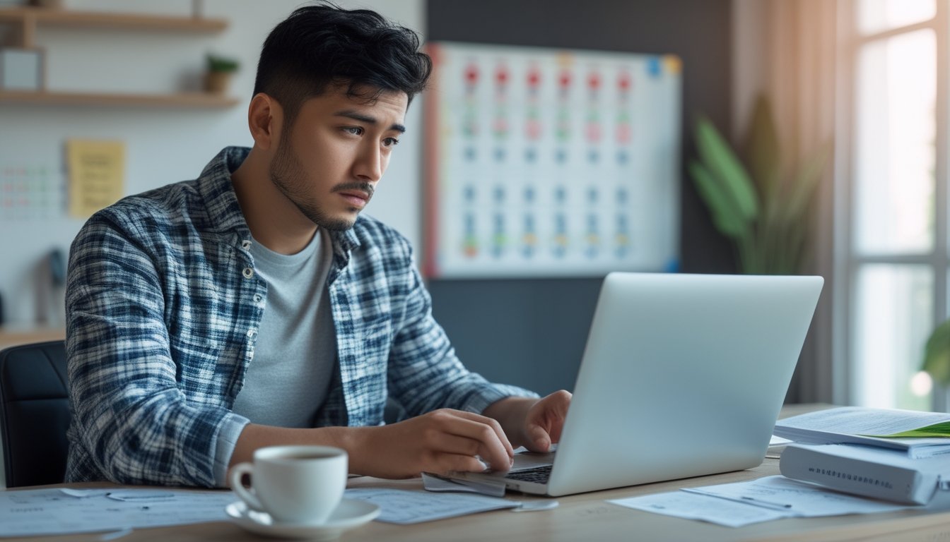 Seorang pria muda duduk di meja kerja dengan laptop terbuka dan catatan di sekitarnya, terlihat fokus mempelajari angka togel 4D.