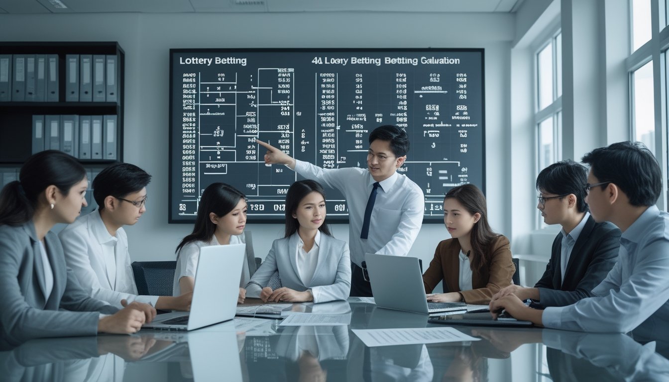 Sekelompok profesional sedang berdiskusi di ruang kantor dengan layar digital yang menampilkan pola dan rumus perhitungan taruhan togel 4D.