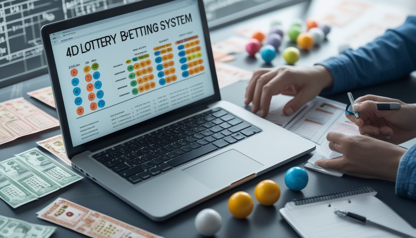 Seseorang sedang menganalisis data dan tiket togel 4D di meja kerja dengan laptop, kalkulator, dan catatan.