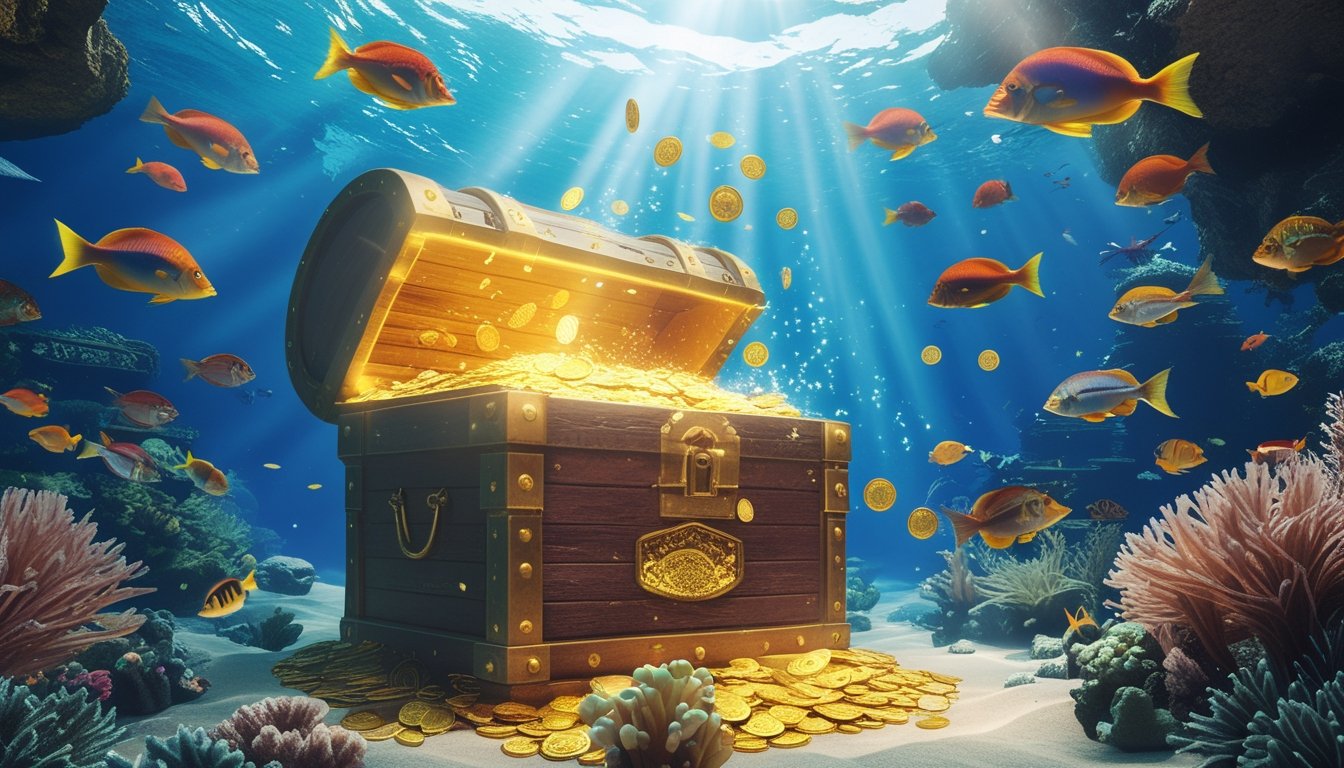 Pemandangan bawah laut dengan ikan warna-warni berenang di sekitar peti harta karun jackpot yang bersinar dan koin emas mengambang di air.