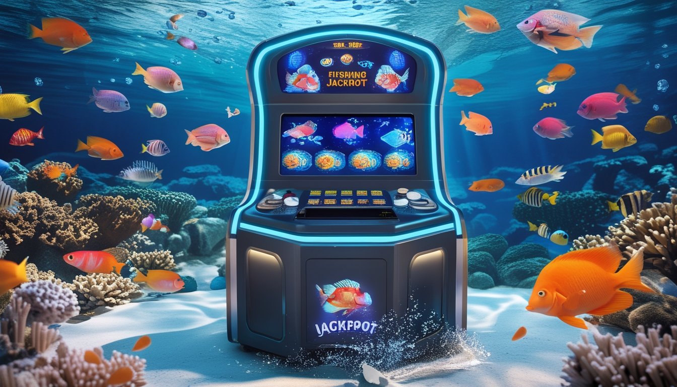 Pemandangan bawah laut dengan ikan warna-warni dan mesin permainan tembak ikan modern yang menyala.