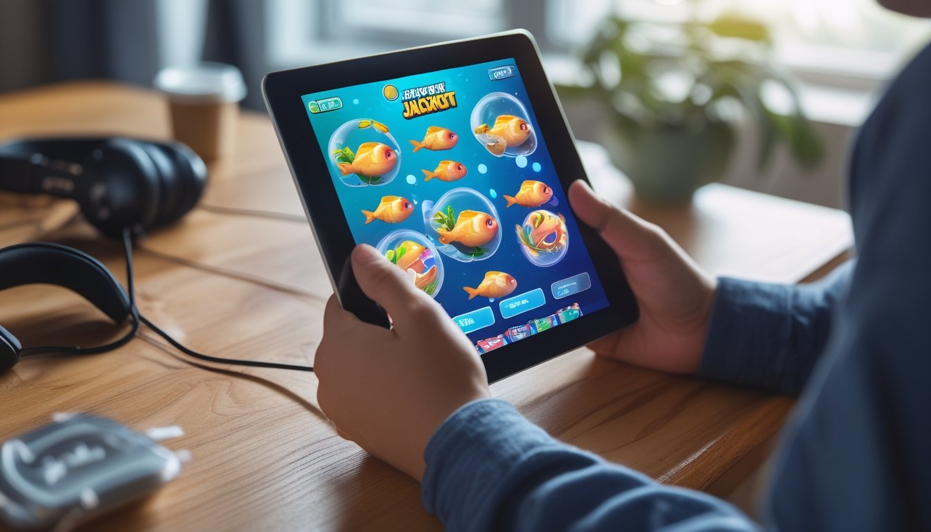 Seorang pemula sedang bermain permainan tembak ikan jackpot di tablet di rumah dengan suasana nyaman.