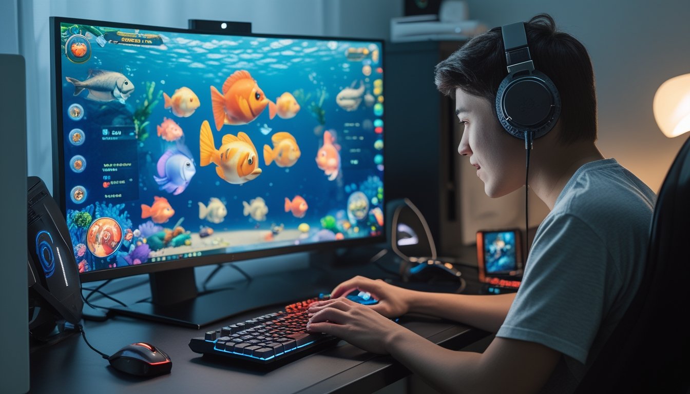 Seorang pemain muda sedang bermain permainan tembak ikan online di komputer dengan layar menampilkan grafis ikan berwarna-warni dan jackpot.