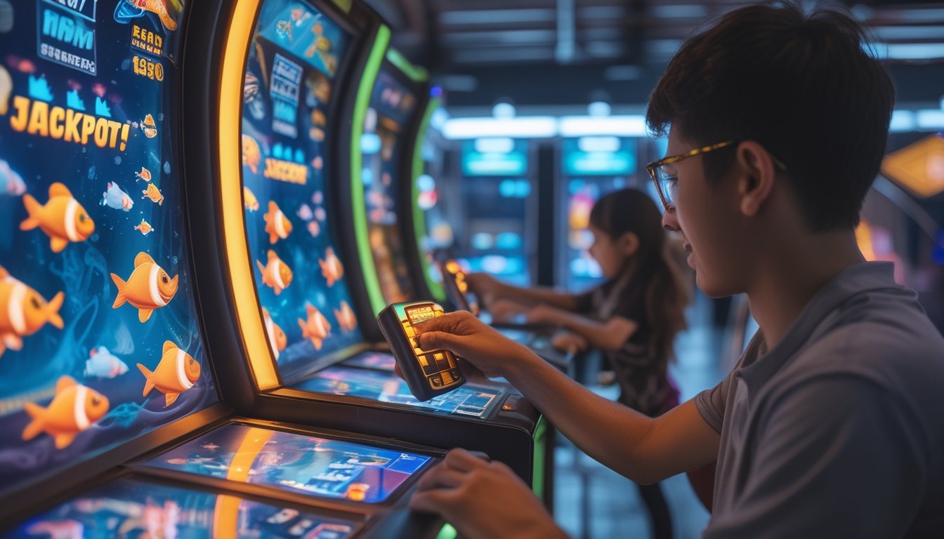 Seorang pemain sedang bermain mesin tembak ikan di ruang arcade dengan tangan aktif mengoperasikan kontrol permainan.