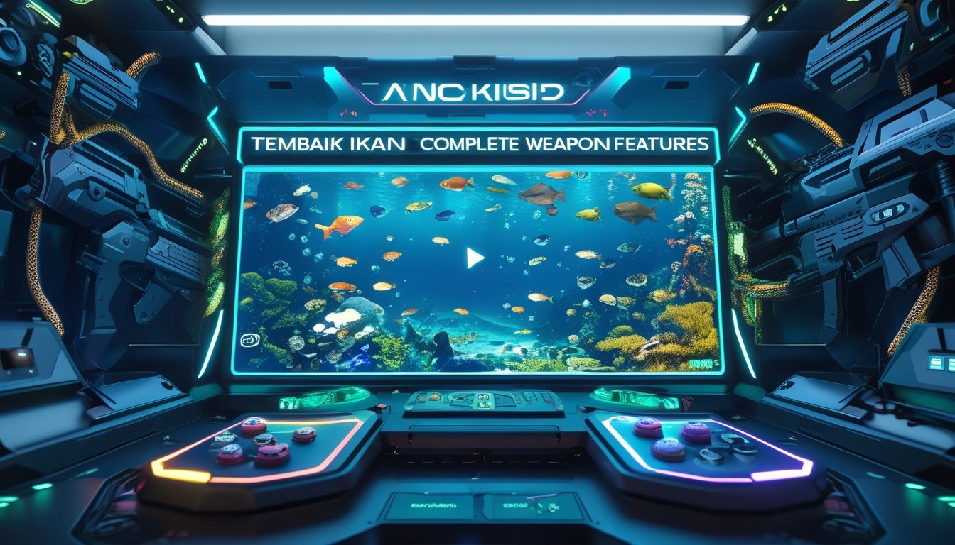Sebuah konsol permainan bawah laut futuristik dengan layar besar menampilkan ikan berwarna-warni dan berbagai senjata canggih di sekitarnya.